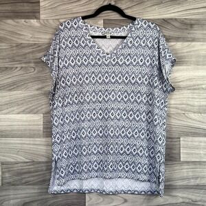 Orvis Tunic Top Women's Large Blue‎ Geometric Print Stretch Short Sleeve V-Neck